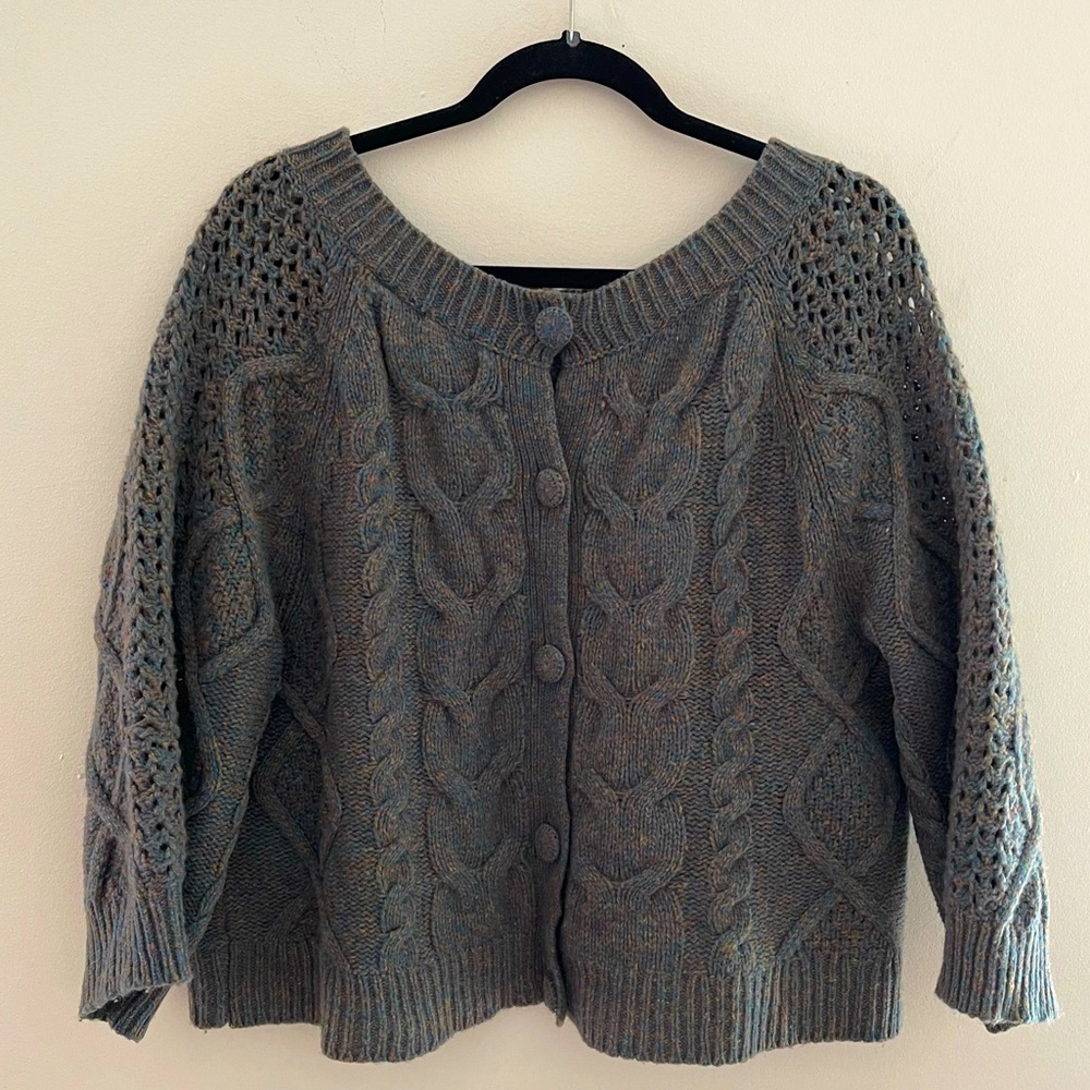 Anthropologie Far Away From Close Greenish Grey Cable Knit Cardigan